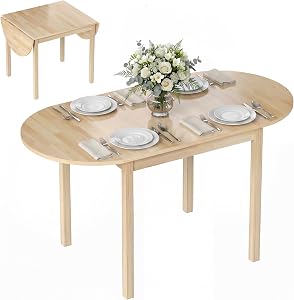 HOMCOM 55" Solid Wood Kitchen Table for 4-6 People, Oval Drop Leaf Tables for Small Spaces, Folding Dining Table, Natural