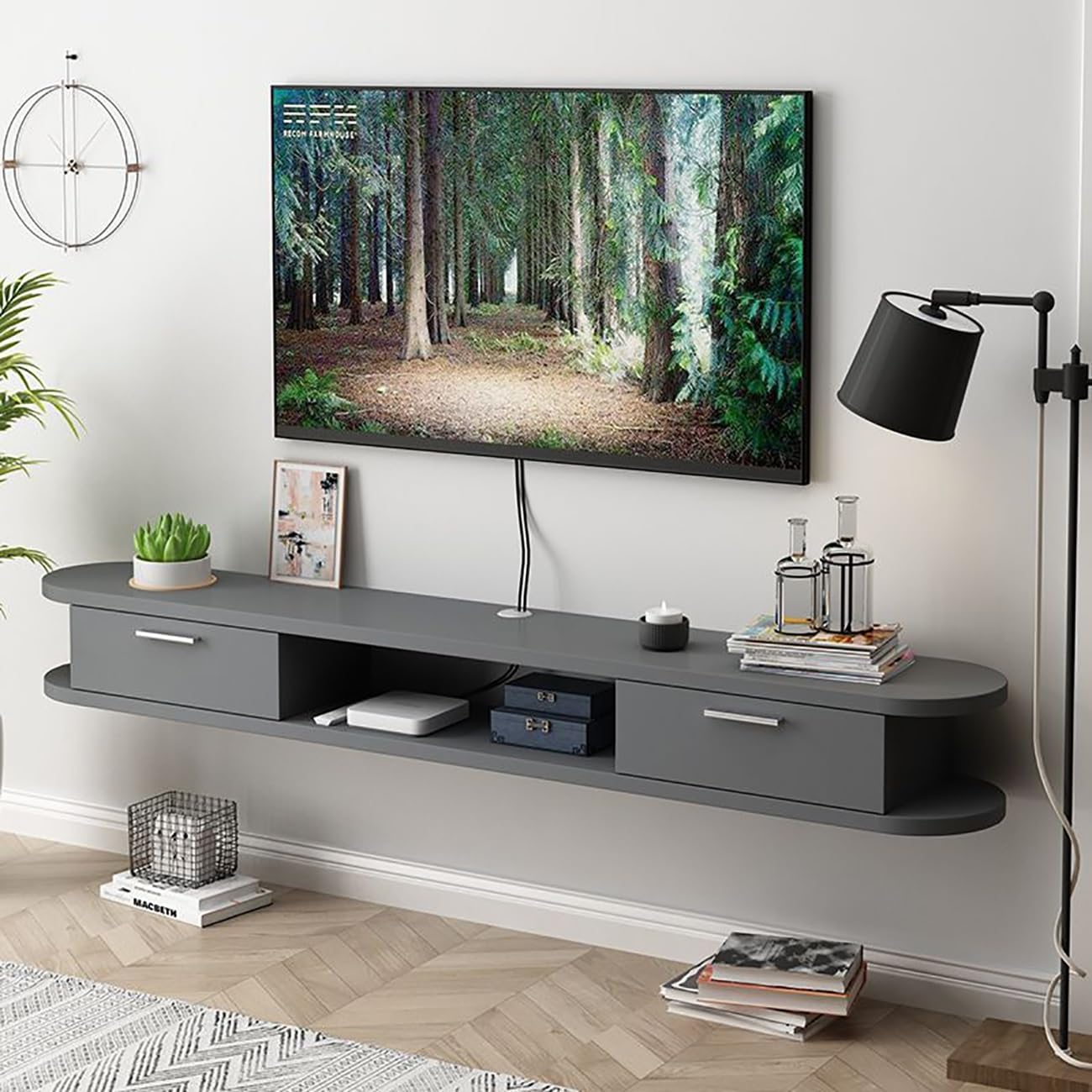 Meuble de divertissement flottant gris 160 cm pour salon contemporain