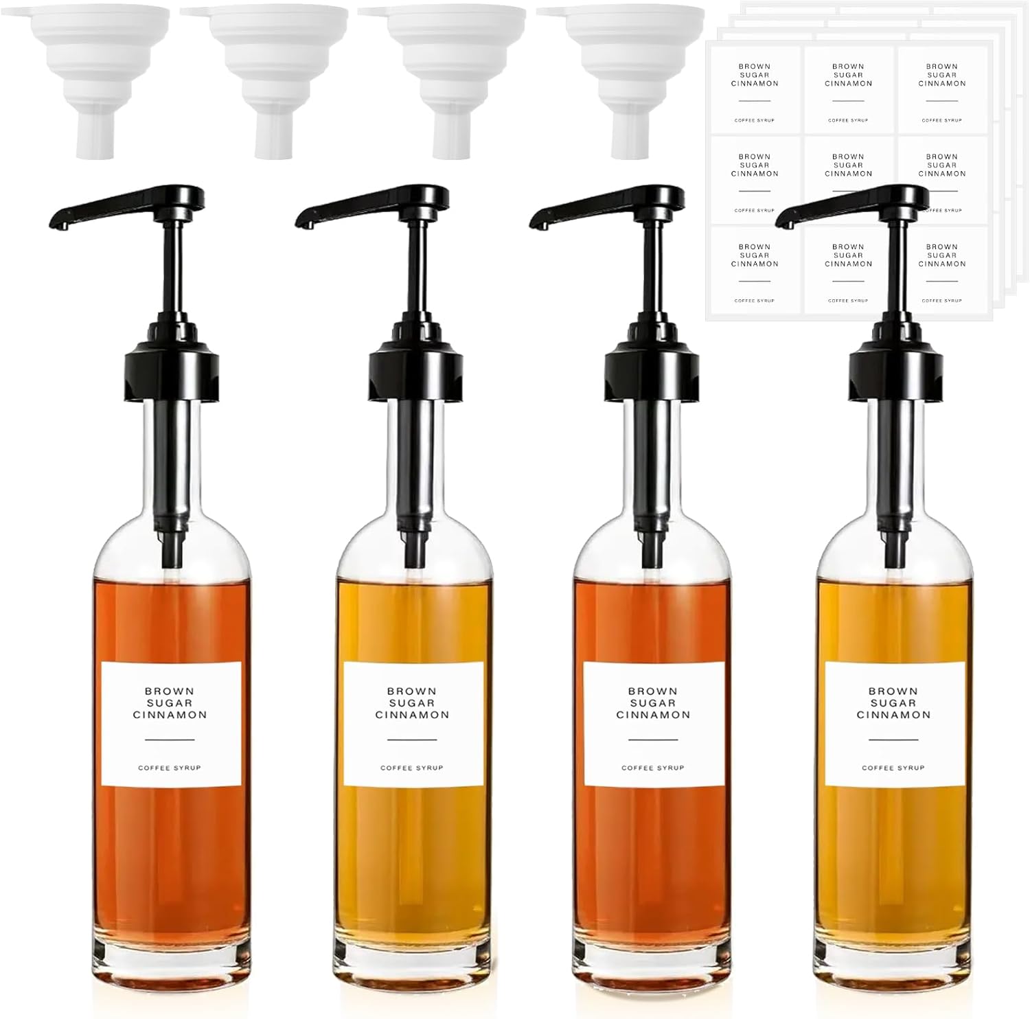 4 PCS 25 Oz Glass Coffee Syrup Dispenser 750 ML Glass Syrup Bottle With Pump And Labels Black Coffee Syrup Pump Dispenser for Coffee Bar Accessories, Home Bar