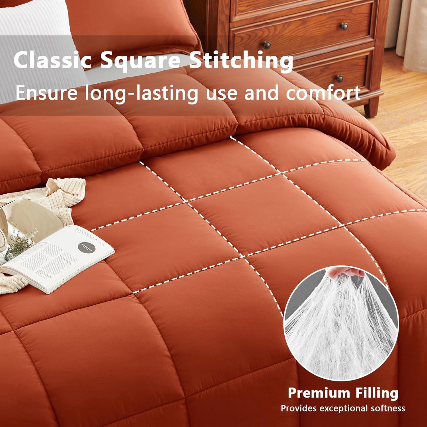 CozyLux Full Size Comforter Sets - Burnt Orange Comforter, 3 Pieces Terracotta Box Stitched Bed Set for All Seasons, Soft Bedding Sets with 1 Down Alternative Comforter and 2 Pillow Shams - Image 2