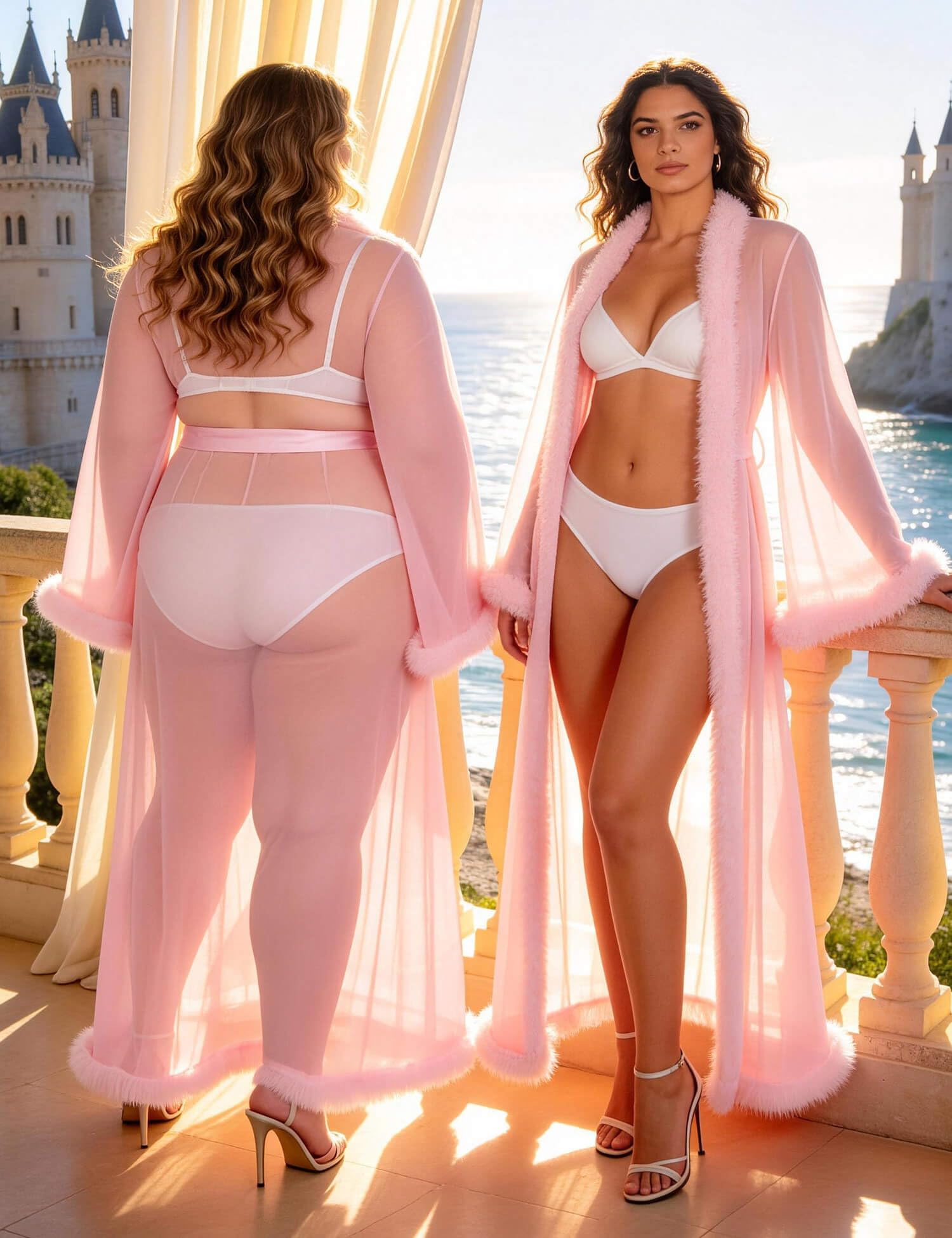 ohyeahlady Lencería Bata Kimono Mujer Sexy Talla Grande Albornoz Ligero De Encaje con Plumas Camisón De Dormir Manga Larga Chemise De Nuit Pijama Curvy Ropa Interior Sleepwear Cómodo