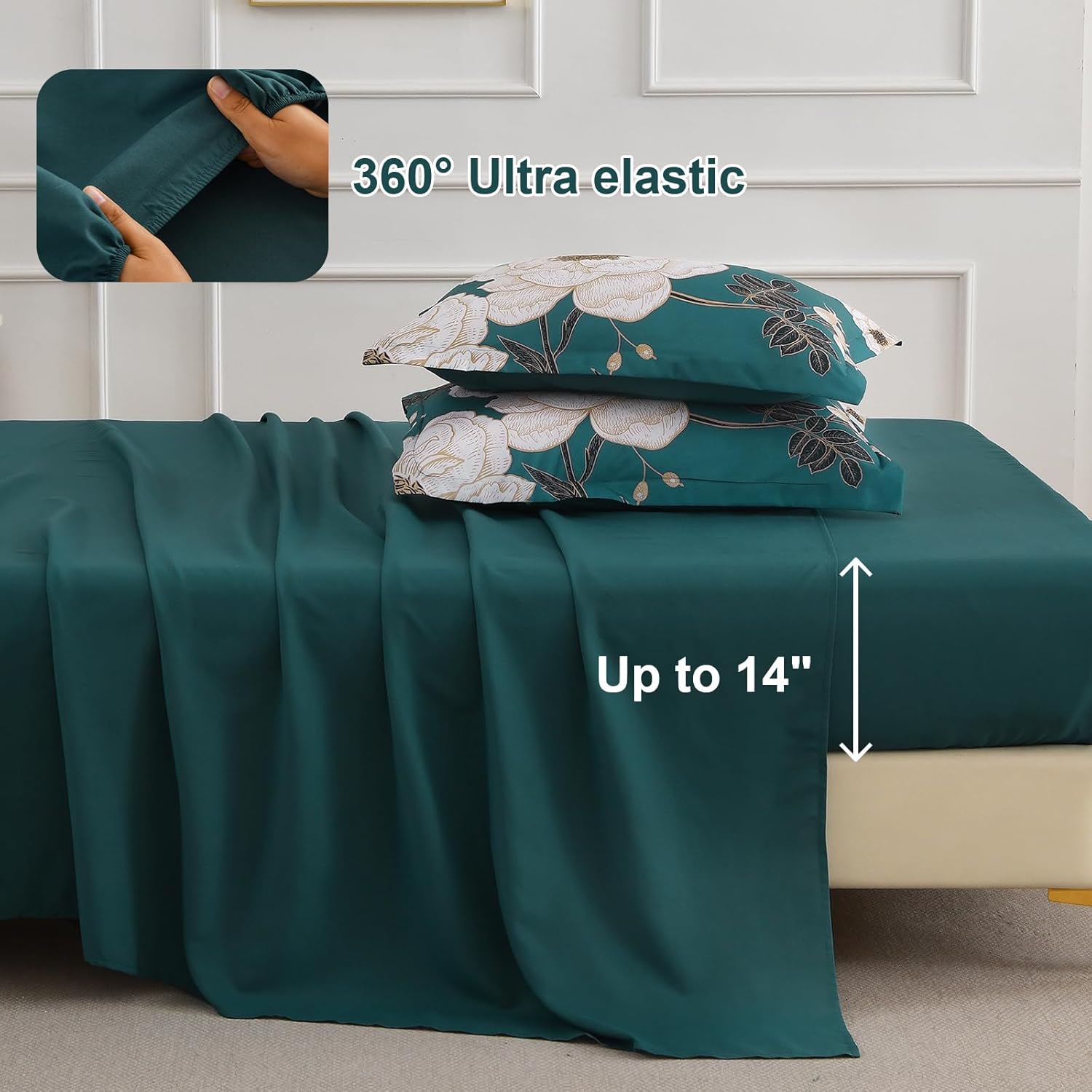 Luxudecor Teal Floral Queen Comforter Set 7 Pieces Bed in a Bag,Beige Flower Print on Teal Bedding Set,Soft Reversible Comforter with Sheets 90"x90"