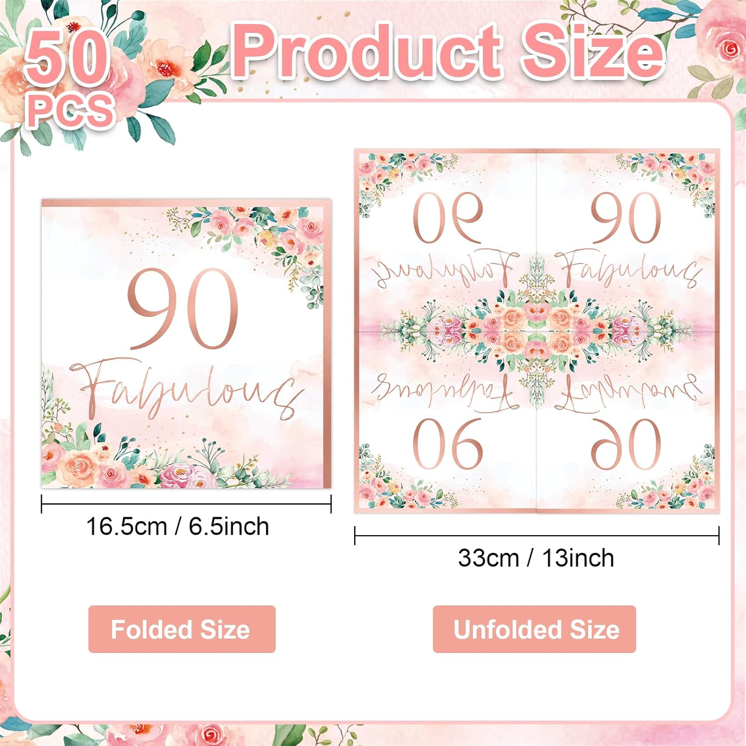 50pcs Fabulous Rose Gold Floral Paper Napkins - Happy 90th Birthday Party Supplies for Women - Image 2