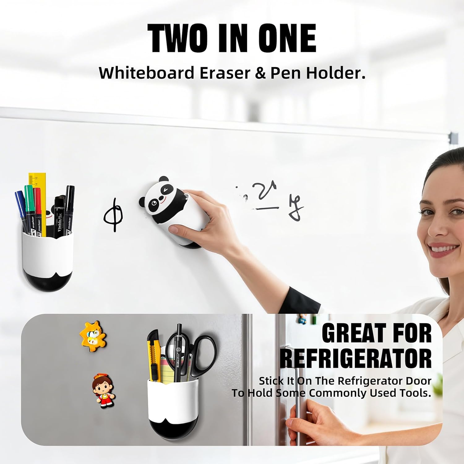 Cute Panda Magnetic Pen Holder, Strong Magnet for Glass Whiteboard, Refrigerator & Locker - 4 Pack Marker Organizer, Dry Erase Marker Holder for School, Home & Office (Black/White)