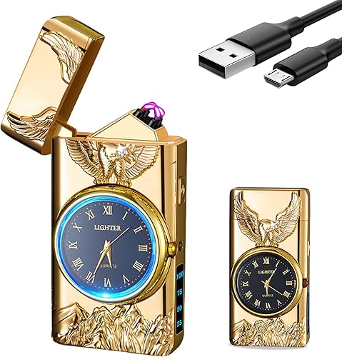 SKRFIRE Encendedor de reloj eléctrico  Encendedor de plasma de doble arco resistente al viento, iluminación LED para regalos de velas (águila dorada)