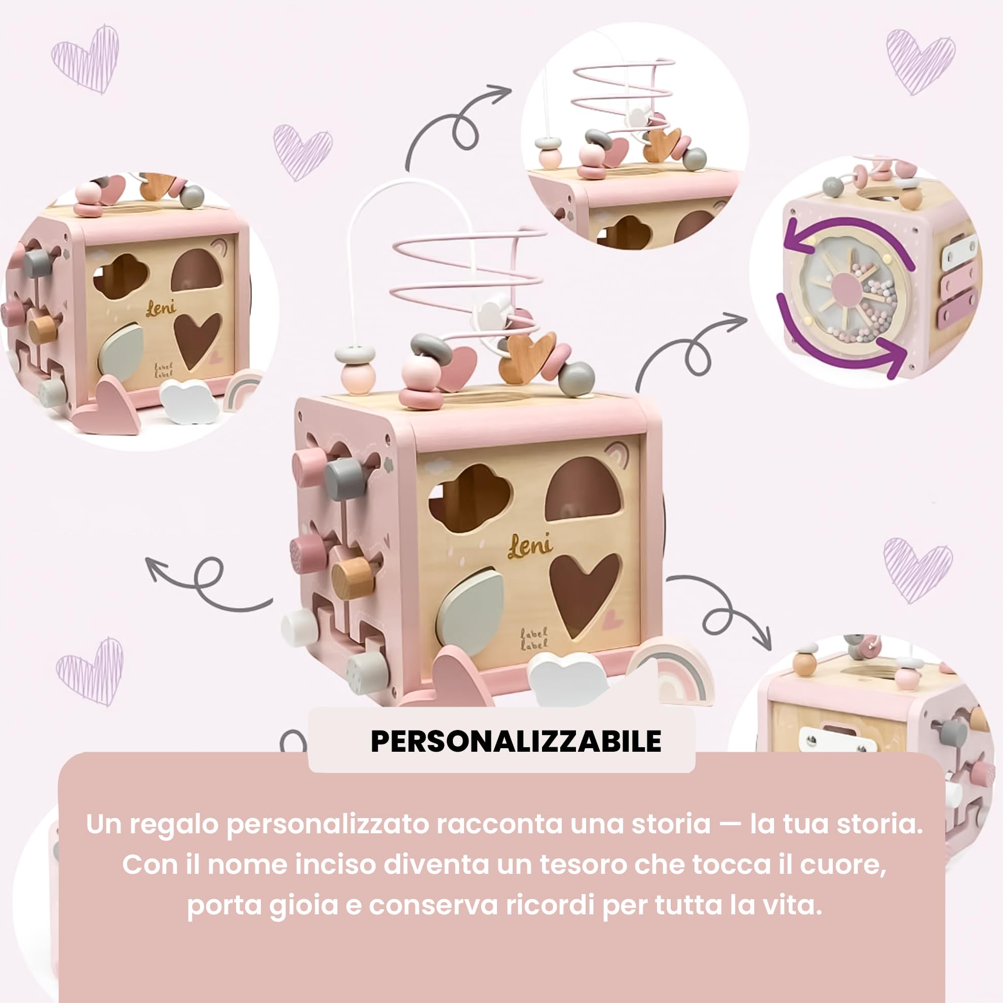 Personalizzabile cubo attività in Legno FSC Rosa – incastri & motricità fine Stile Montessori – per Bambini 18+ Mesi – Personalizzato con Nome – Label Label