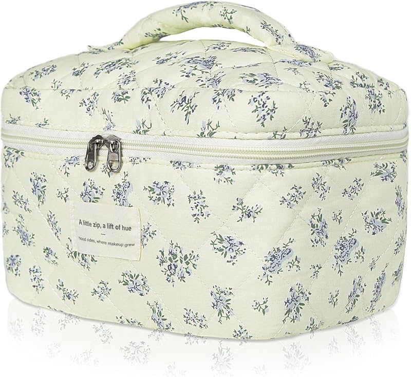 Necessaire Gosect em Algodão Matelassê com Estampa Floral Azul e Zíper