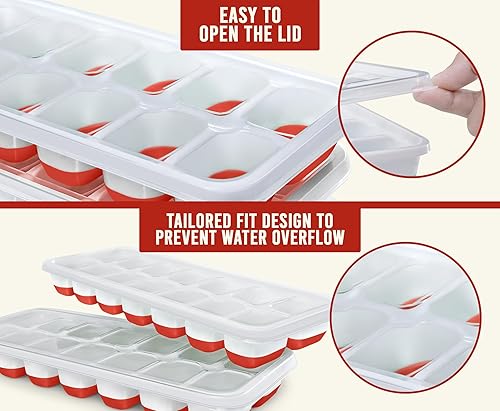 Miniatura 8 de CKE - Bandeja para cubitos de hielo con tapa y contenedor (paquete de 4, rojo) bandejas de hielo de plástico de silicona para congelador, bandejas