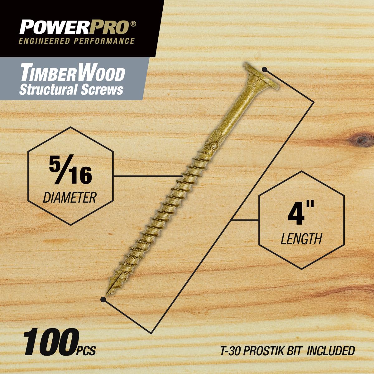 Power Pro 100 tornillos estructurales de madera con revestimiento epoxi (5/16 x 4 pulgadas) | Tornillos de cabeza plana avellanados para madera | Cierres exteriores con revestimiento epoxi multicapa |