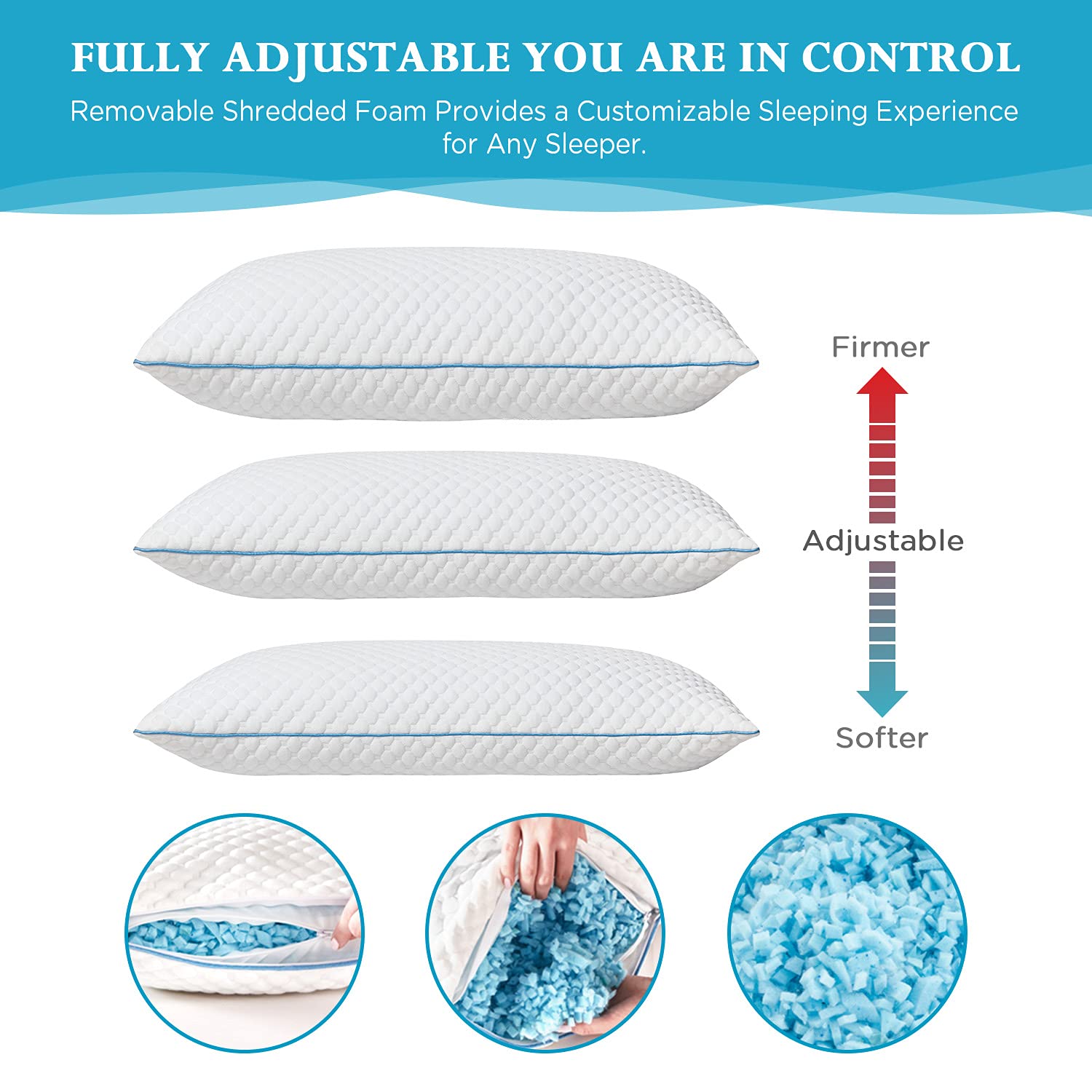 SEONSURO Shredded Memory Foam Pillows 2 Pack Queen Size 20 x 30 Inches, Cooling Bed Pillow for Sleeping Set of 2, Adjustable Gel Pillows for Stomach Side Back Sleepers, CertiPUR-US, White