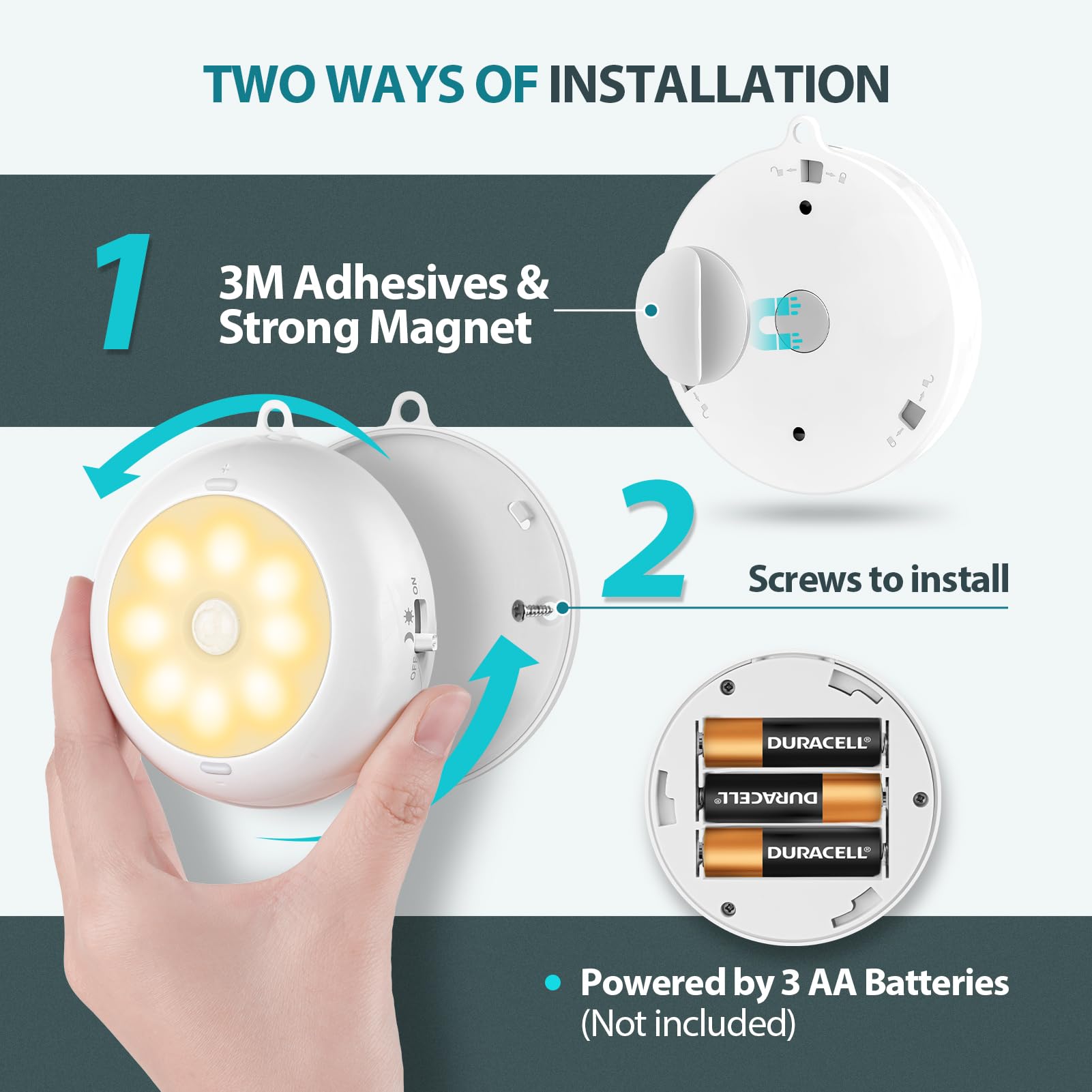 Reoshine Iluminación para debajo del gabinete, luces LED de disco que funcionan con pilas AA, luces de armario con sensor de movimiento para cocina, estante, regulable y magnética, 3000 K blanco