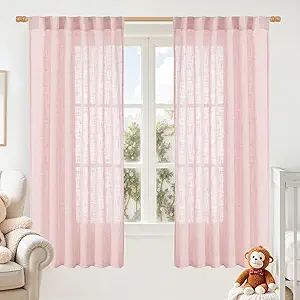 LAMIT Sheer Linen Curtains 63 Inch for Girls Bedroom, Light Filtering Neutral Semi Sheer Farmhouse Boho Curtains Back Tab and Rod Pocket Living Room Panels, Pink, 2 Panels, 52 x 63 Inch