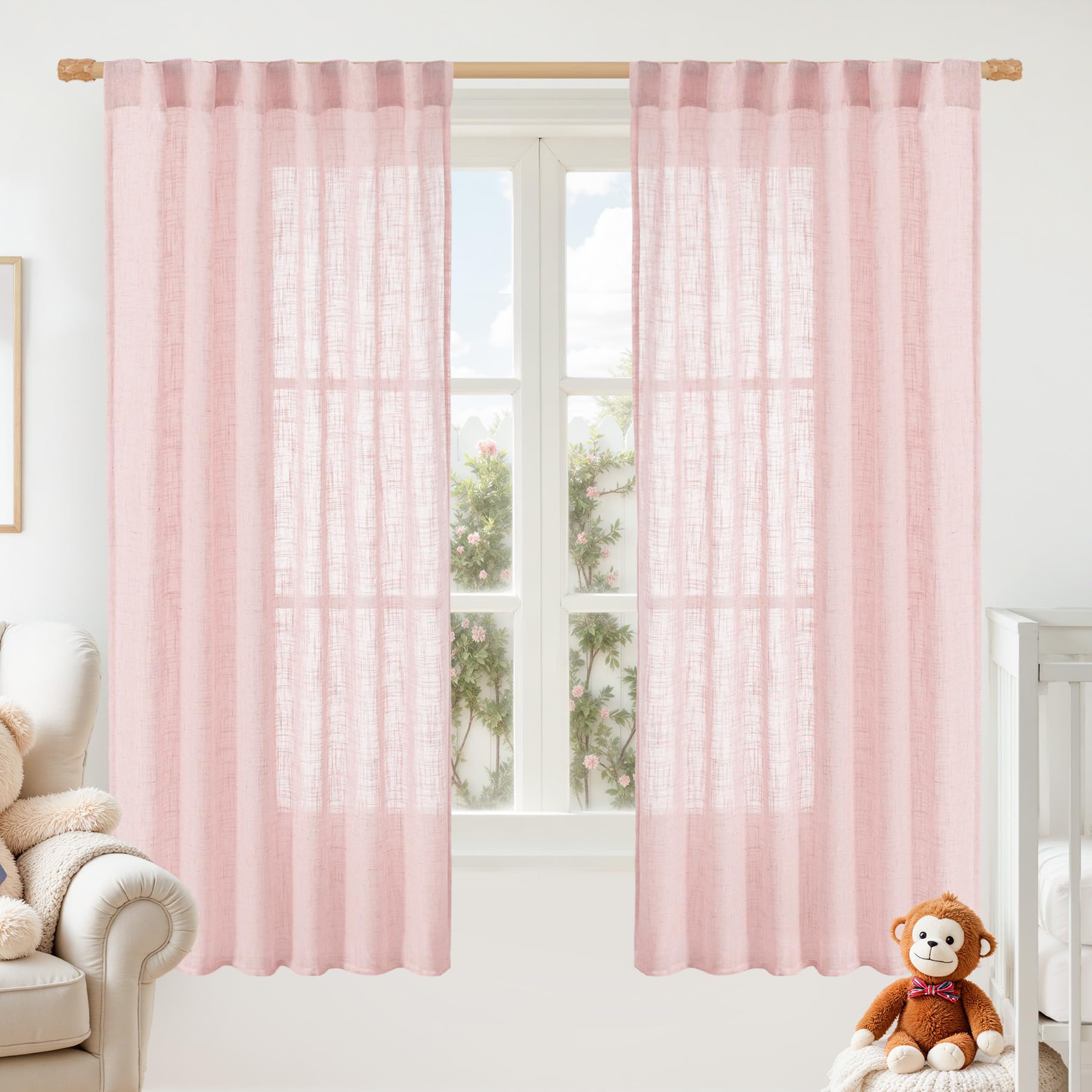 LAMIT Sheer Linen Curtains 63 Inch for Girls Bedroom, Light Filtering Neutral Semi Sheer Farmhouse Boho Curtains Back Tab and Rod Pocket Living Room Panels, Pink, 2 Panels, 52 x 63 Inch
