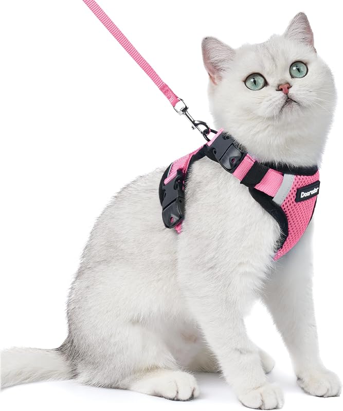 Peitoral para Gatos com Guia, Fivela de Liberação no Pescoço e Faixas Refletivas Dooradar, Rosa