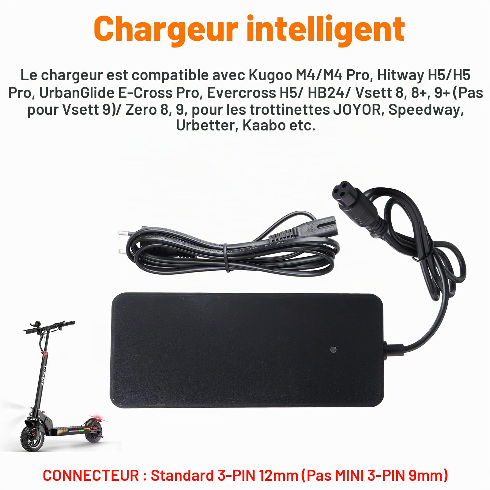 Chargeur de Scooter électrique 54.6V 2A, Compatibilité avec Kugoo M4/M4 Pro/Hitway H5/H5 Pro/UrbanGlide/JOYOR/Speedway/Urbetter/Kaabo, pour Chargeur de Lithium 48 V, Connecteur 3 Broches 12 mm