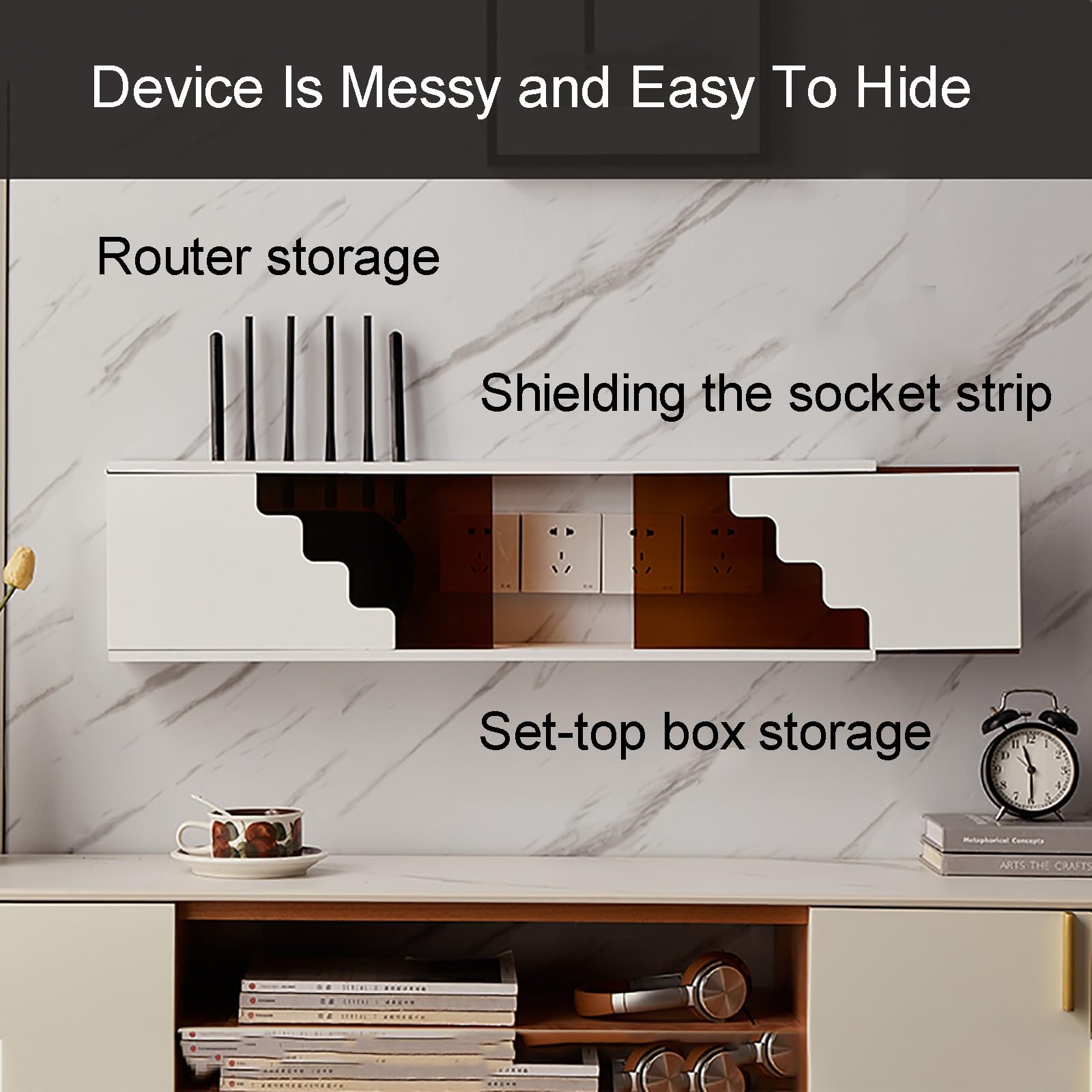 Generisch Wandmontierte Aufbewahrungsbox für WLAN-Router – Kabelorganizer aus weißem Holz und Glas, dekoratives Hängeregal für Zuhause/Zimmer – 50 cm/20 Zoll Steckdosenhalterung