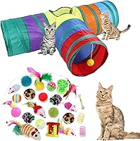 ISMARTEN 32PCS Interactive Cat Toys Kit: 3-Way Rainbow Tunnel, Feather Wand, Mice, Balls & More for Kittens & Puppies
