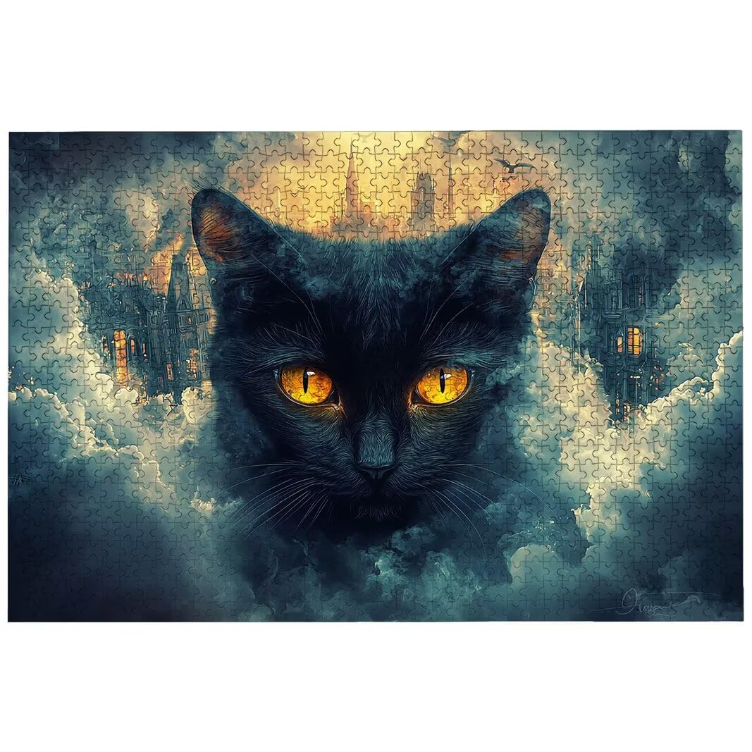 Puzzle z kotem dla dorosłych 1000, 1000 puzzli dla dorosłych, 75 x 50 cm, twarde, niemożliwe, drewniane puzzle, wymagająca gra dla całości, dla kobiet/mężczyzn, motyw: (miasto), -8029