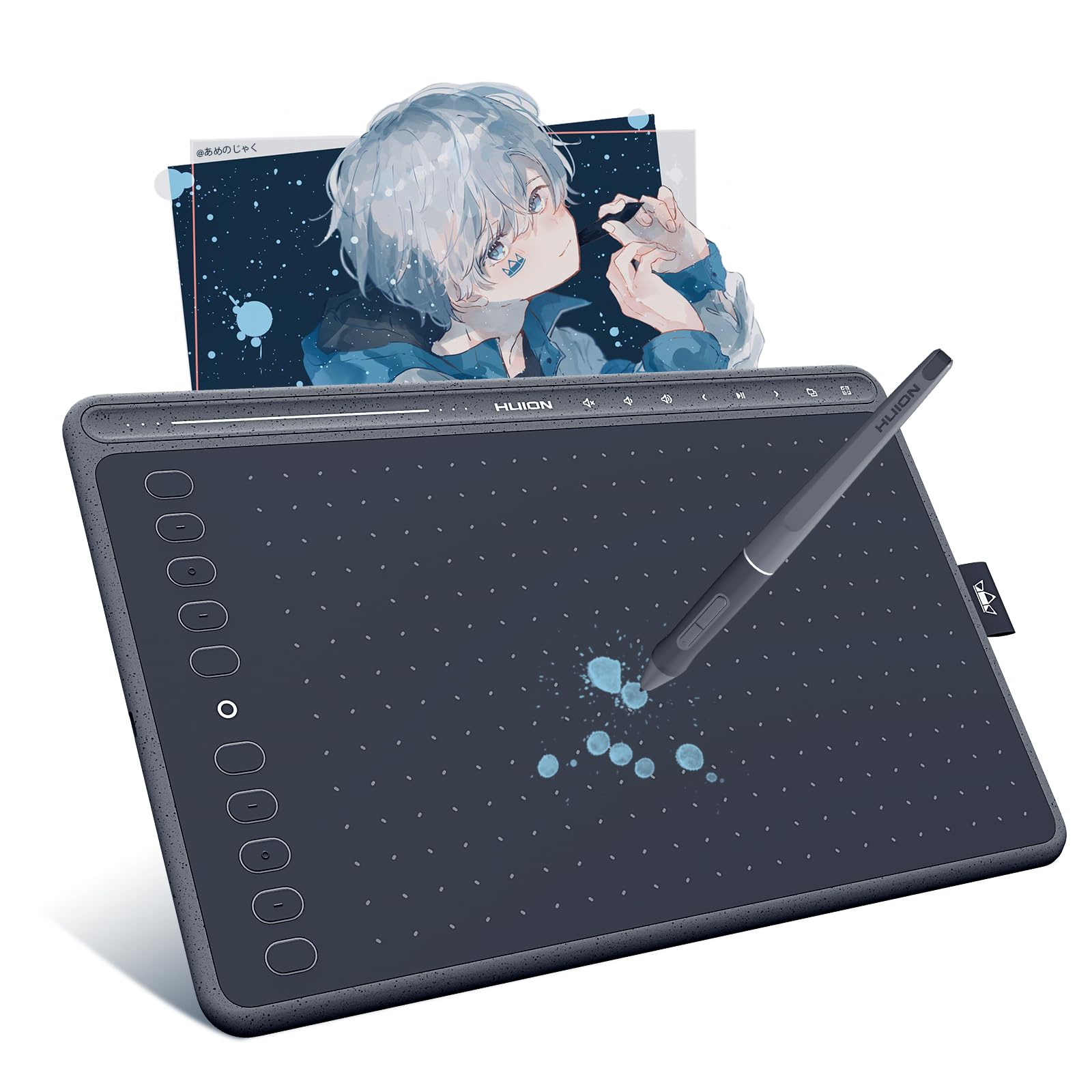 HUION HS611 Grafiktablett, 10,2 x 6,36 Zoll Professionelles Zeichentablett, Batterieloser Digitaler PW500-Stift, Ausgestattet mit Multimedia-Touch-Tasten, Einstellbare Lautstärke, Musik Abspielen,Grau