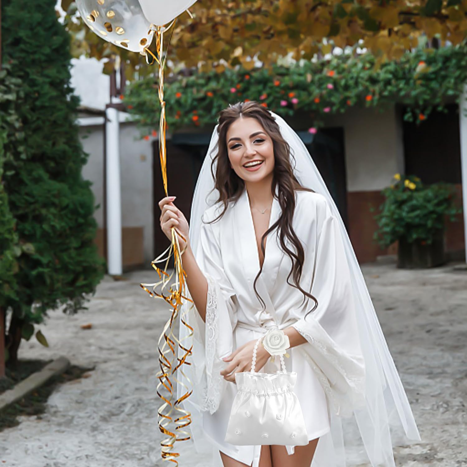 Borsa Sposa Con Adesivi - Set Per Addio Al Nubilato, Bianco Con Decorazioni Rosa Oro E Argento - Foto 13