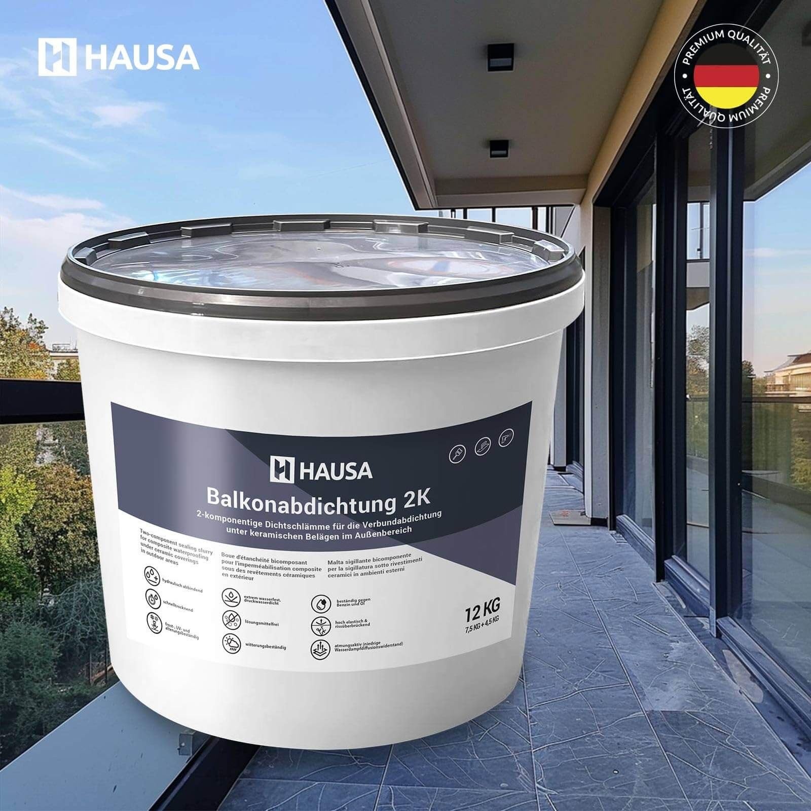 Hausa Balkonabdichtung 2K, 12kg flexible Dichtschlämme zur Abdichtung von Balkon, Terrasse, Bad, Dusche, Keller, Fundamente; Dichtungsmasse für Außenbereich, frost-, UV- und alterungsbeständig