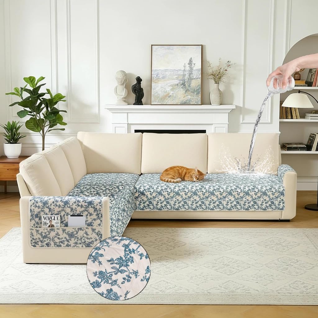 ALIECOM L Shaped Couch Cover for Sectional Sofa Waterproof Sofa Slipcover Non Slip Corner Couch Covers for Dogs Cats (X-Large, Beige & Blue)