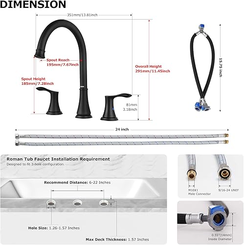 Miniatura 4 de PARLOS Llenador de bañera romano de arco alto de 2 manijas con válvulas y líneas de suministro de grifo, oro cepillado, Demeter 1436208