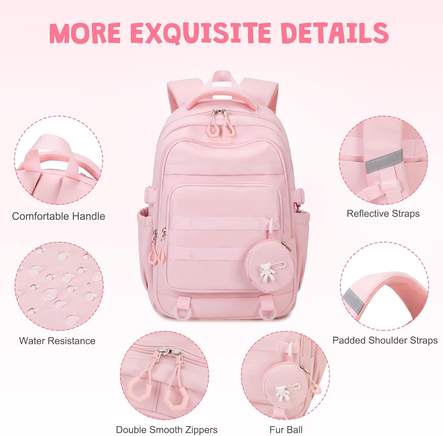 Backpacks for Girls - 4PCS Girls Backpack with Lunch Bag & Pencil Pouch Coin Pruse for Teens Kids Elementary Middle High School College Student Bookbag Daypack (Pink) image 4 of 7 B0DP65C5BV