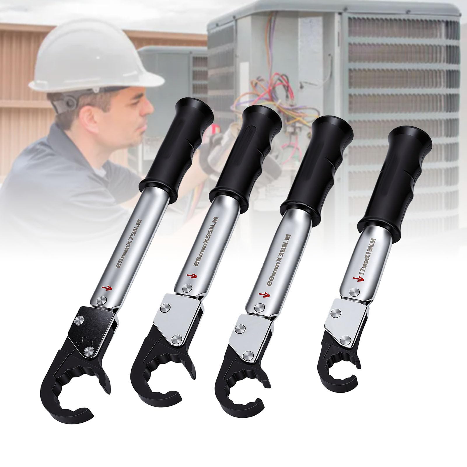 Set di Chiavi Dinamometriche a Cricchetto da 4 Pezzi, per la | Costruzione in Acciaio Legato, Coppia Preimpostata per Refrigerante R410A R32, Strumento per Dadi Svasati per il Settore