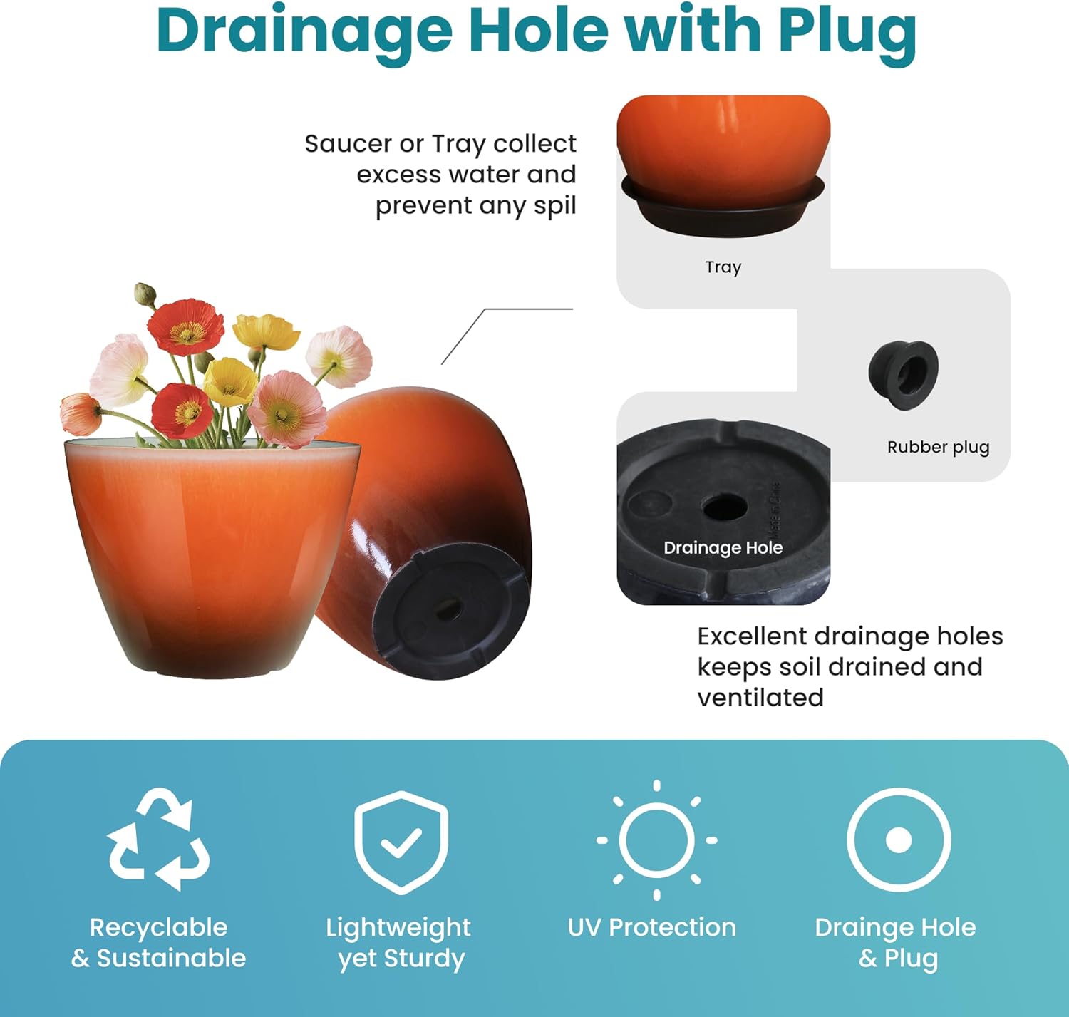 Vanslogreen Plant Pots for Indoor Outdoor Plants, Pack of 4 Plastic Flower Pots with Drainage Holes and Saucers, 8 Inch Glazed Planters for Indoor Plants Office Home Decor (Orange, 4pcs)