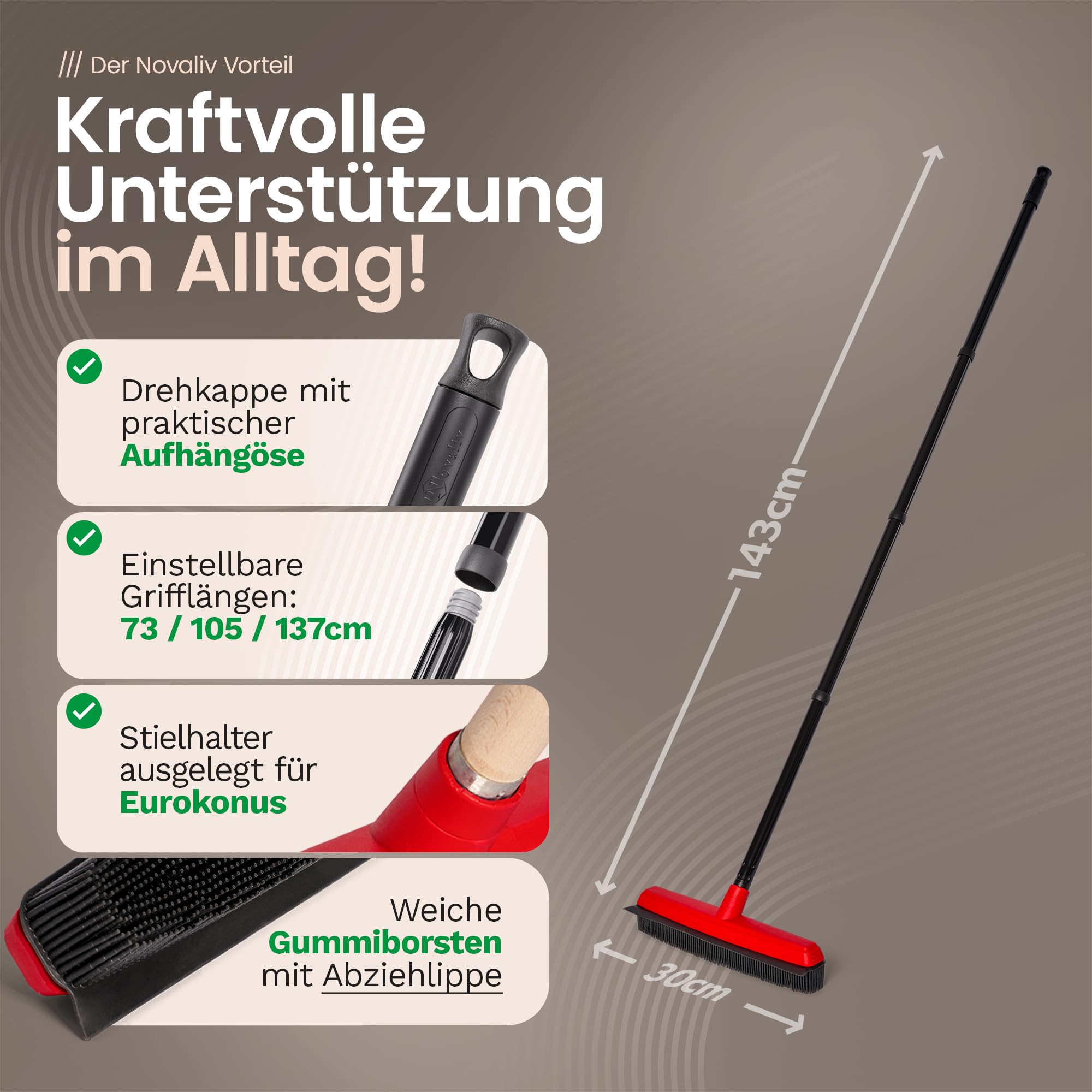 Novaliv Gummibesen mit Abzieher Besenkopf Gummi Friseurbesen Schwarz Noppenbesen Hundehaarentferner Broom Parkett Besen für Drinnen Teppichbesen Bodenabzieher Haushaltsbesen Wunderbesen