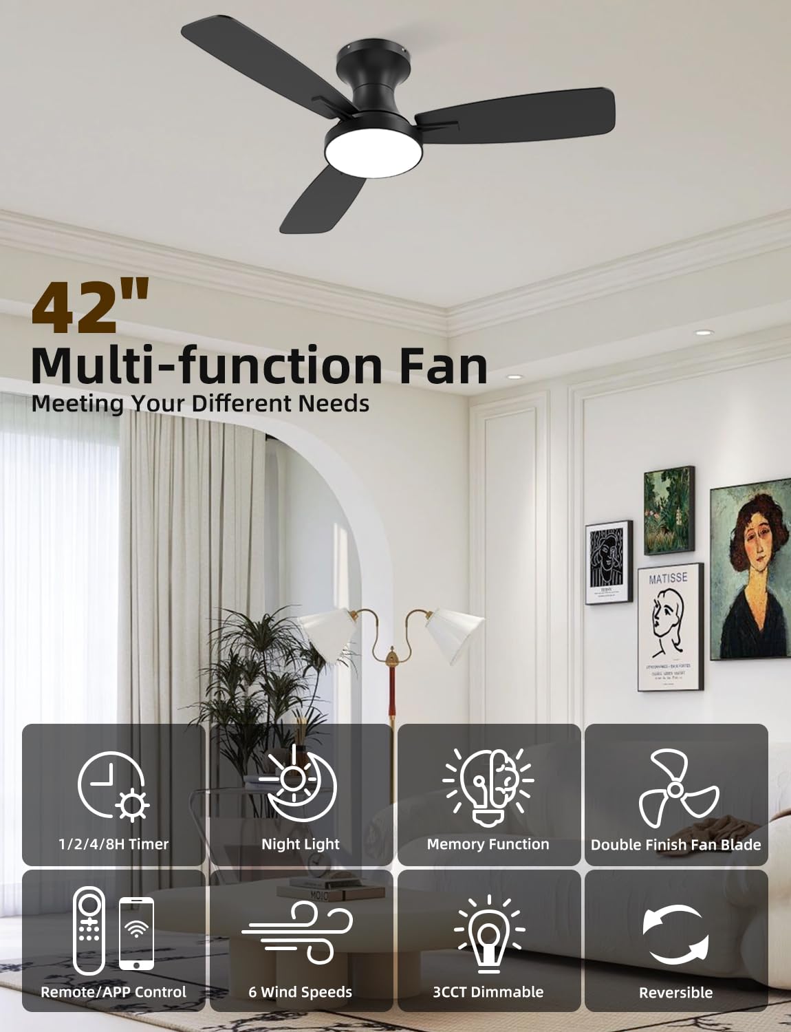 42 inch Smart Ceiling Fan with Light Low Profile Flush Mount with Remote Control Ultra-Quiet Reversible DC Motor — view 2