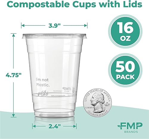 Miniatura 2 de Paquete de 50 Vasos transparentes compostables de 16 onzas con tapas planas, tazas biodegradables a base de plantas, taza de café helado reciclable,