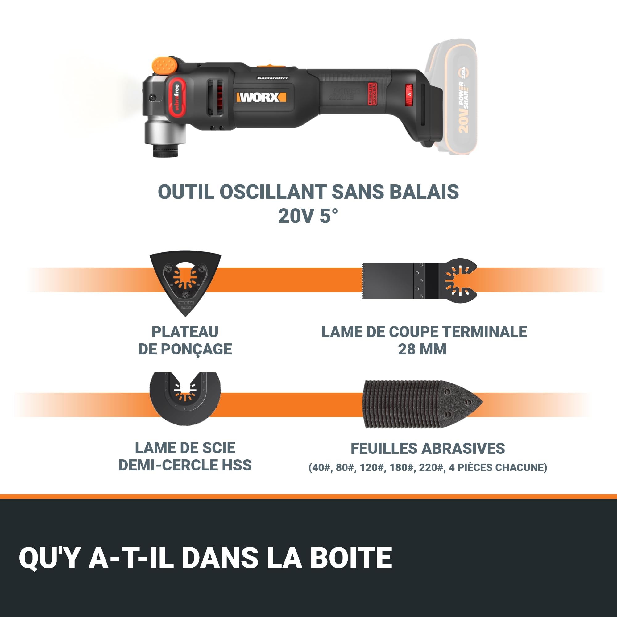 WORX Outil Multifonction sans Fil Brushless 20V WX698.9, idéal Pour Découper, Scier, Meuler, Racler, Gratter, Système de Fixation Universel, livré avec 23 Accessoires, sans Batterie ni Chargeur