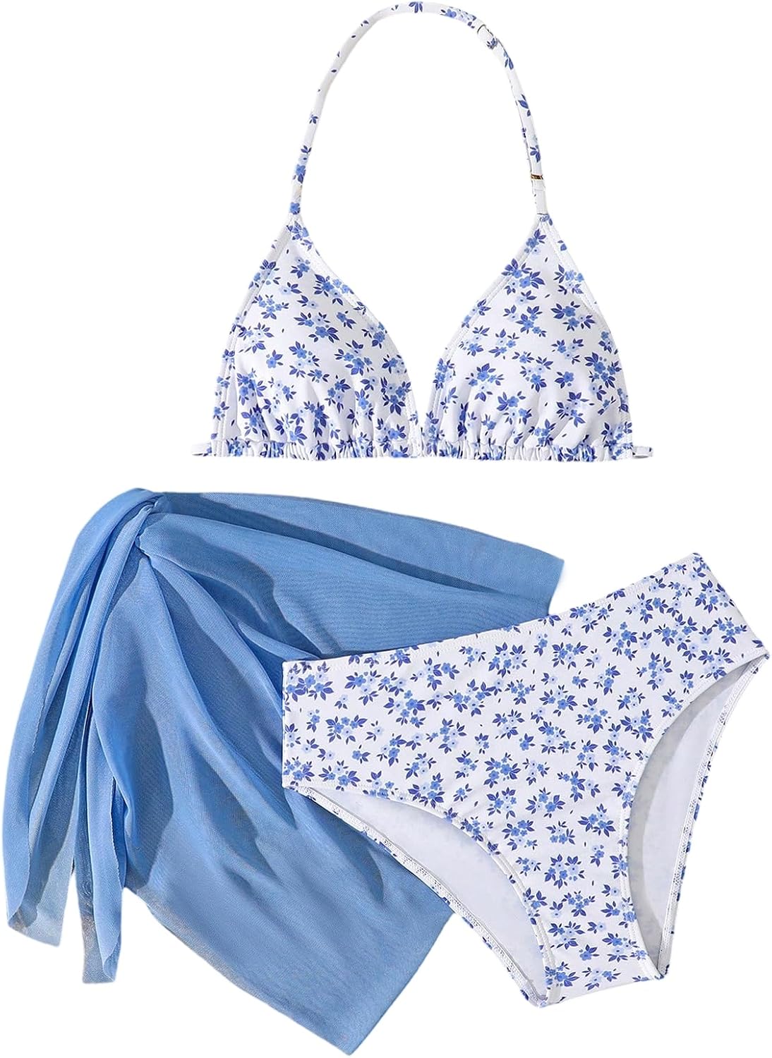 SHENHE Girl's 3 Piece Swimsuits Triangle Halter Shell Print Bikini Set with Cover Up Wrap Skirt