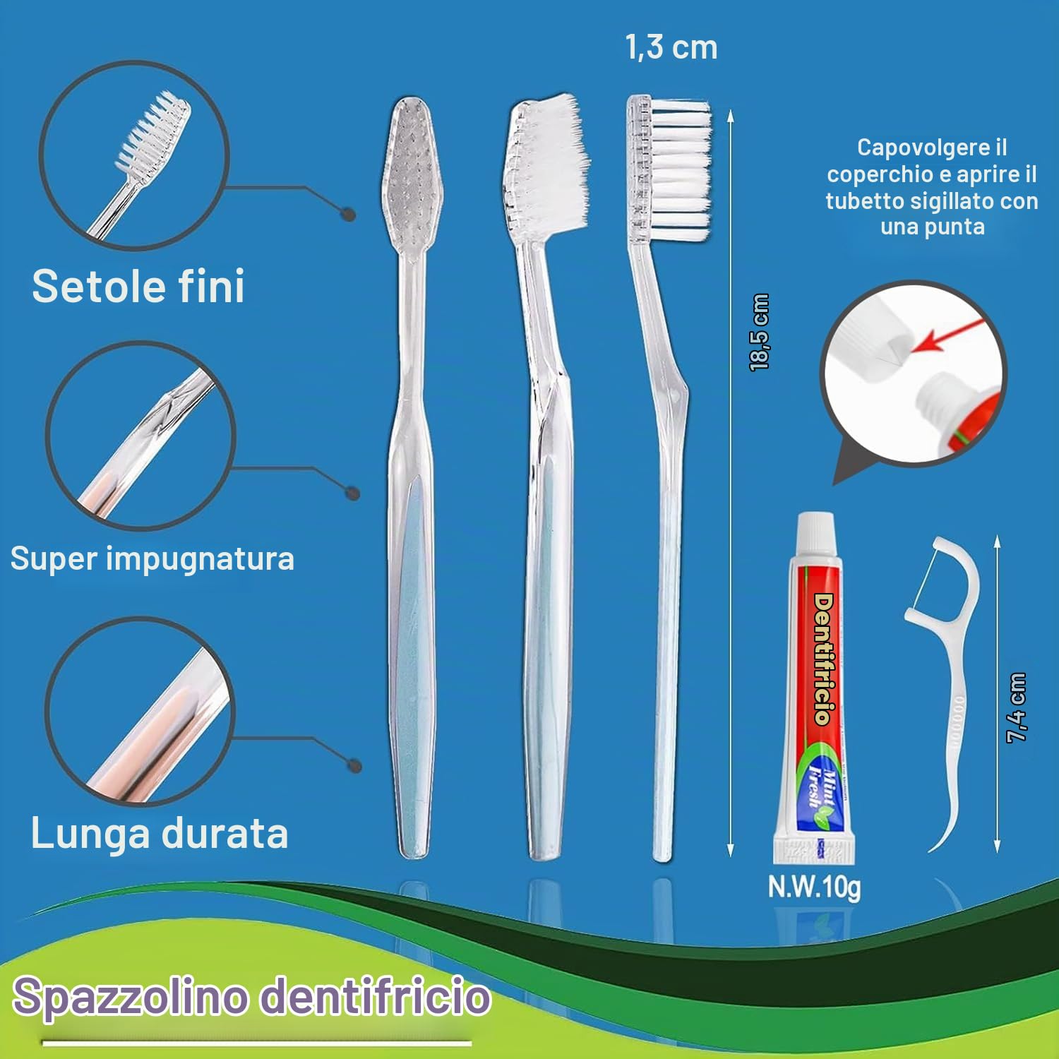 100 pacchetti di spazzolini da denti monouso di massa a 2 colori con filo interdentale, confezionati singolarmente, 10 g di dentifricio