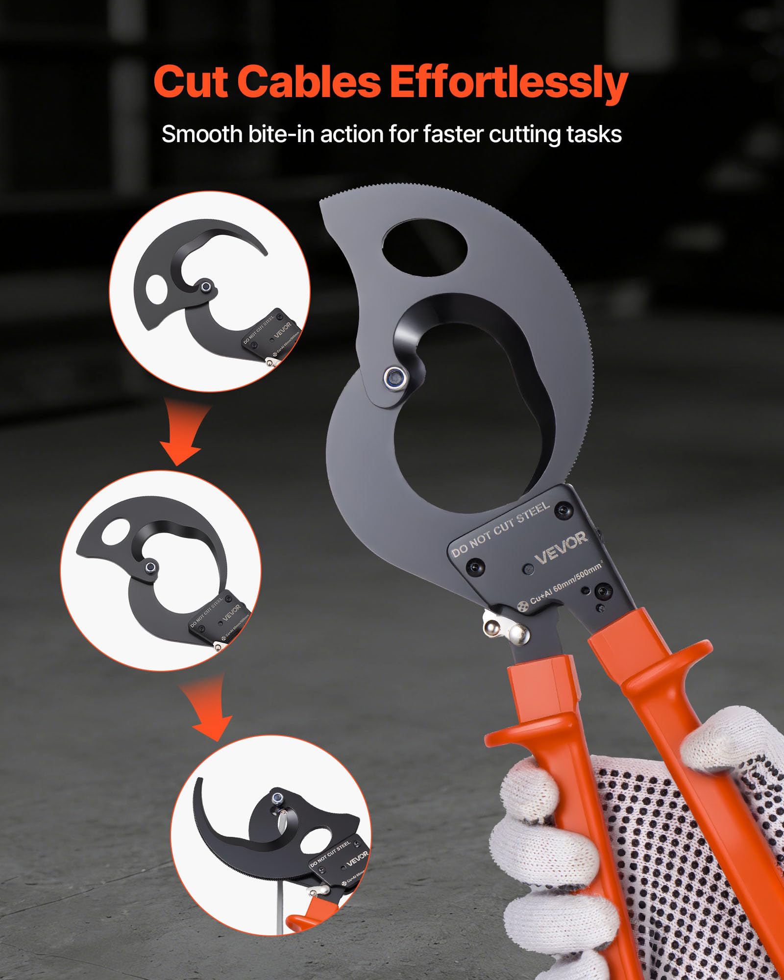 VEVOR Cortador de Cables de Trinquete 325 mm, Cortador de Alambres y Cables de Cobre-Aluminio 300 mm², Cortacables con Hojas de Acero con Mangos Recubiertos de PVC y Botón de Liberación Rápida
