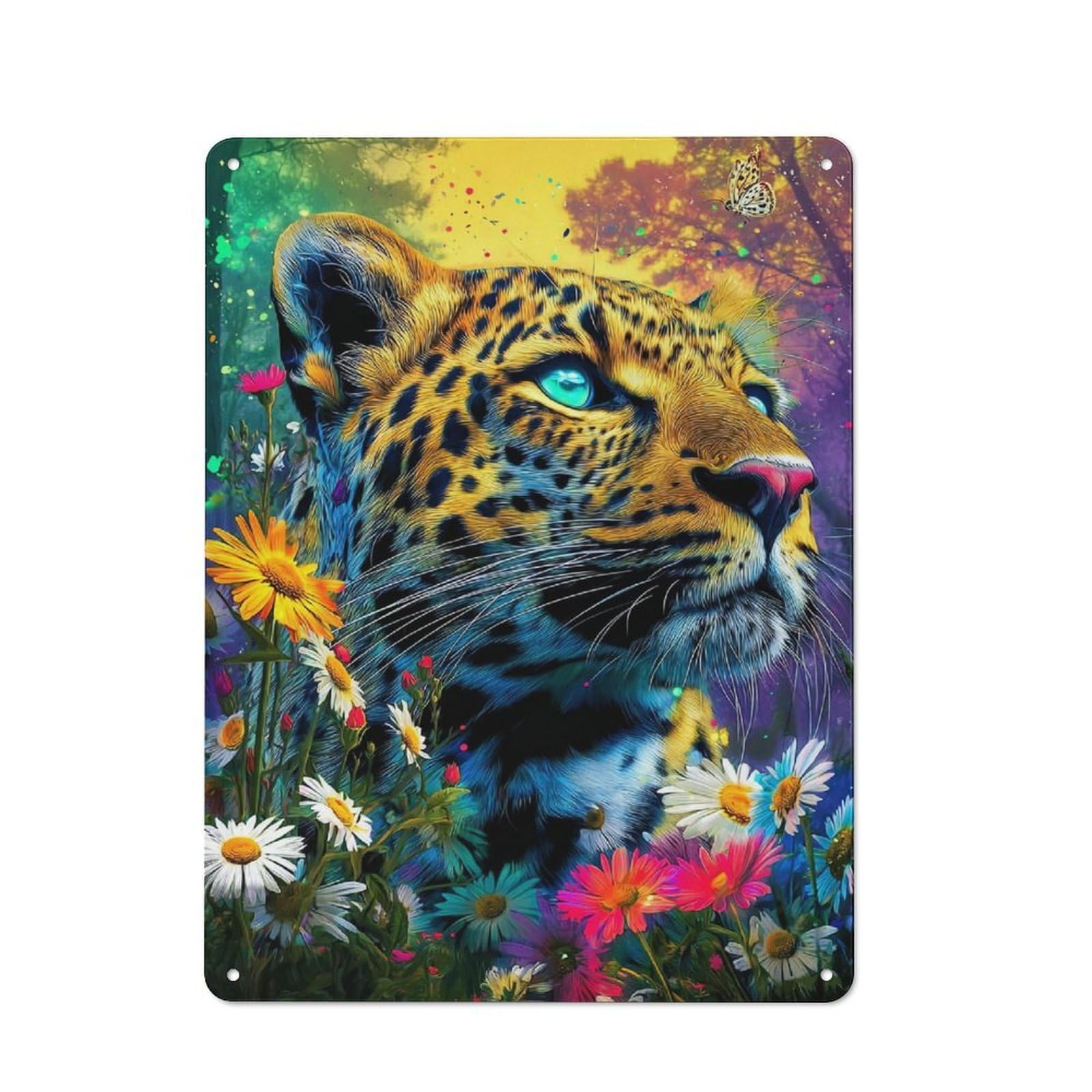 Junmoney Leopard In A Field Of Flowers Farmhouse Metal Sign With Design 40X30cm, Rustic Rustic Kitchen Decor For Dining Room, Cafe, Entryway Or Family Room