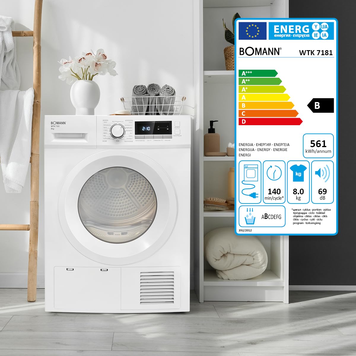 Bomann® Kondenstrockner 8kg | Waschtrockner mit 13 Programmen & 109L Volumen | Trockner mit Trocknungsgrad-Intensitätsstufe | Wäschetrockner mit Programm-Startvorwahl: 1-24 h | WTK 7181