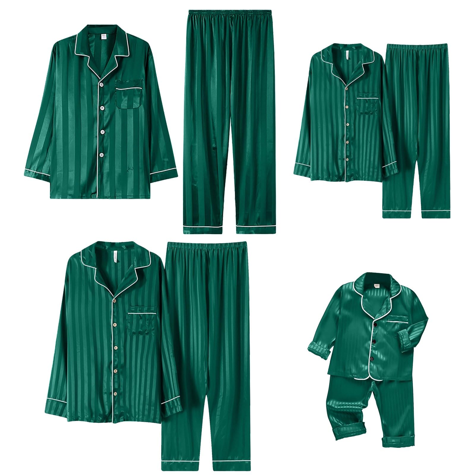 CGGMVCG Silk Satin Christmas Outfit for Family Striped Button Down Shirt and Pants Xmas Clothes Matching Sets (Green, 15-16)