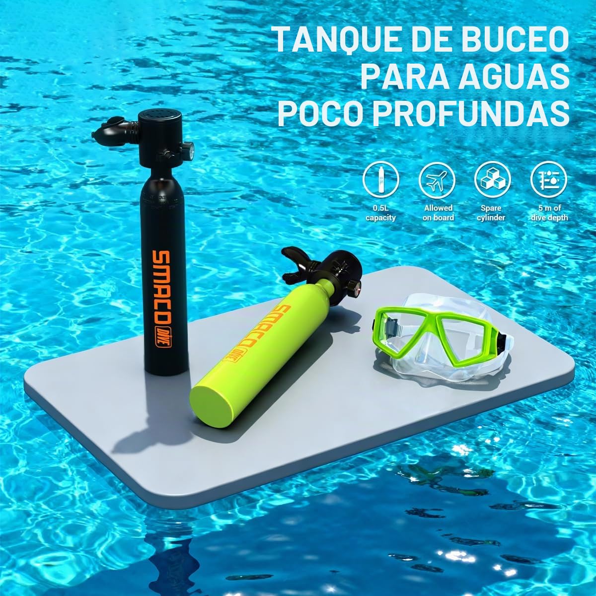 SMACO Mini tanque de buceo de 0,5 L, portátil, reutilizable, cilindro de buceo de emergencia para esnórquel, buceo libre, limpieza de barcos y respaldo de aire, diseño ligero y compacto, botella Pony