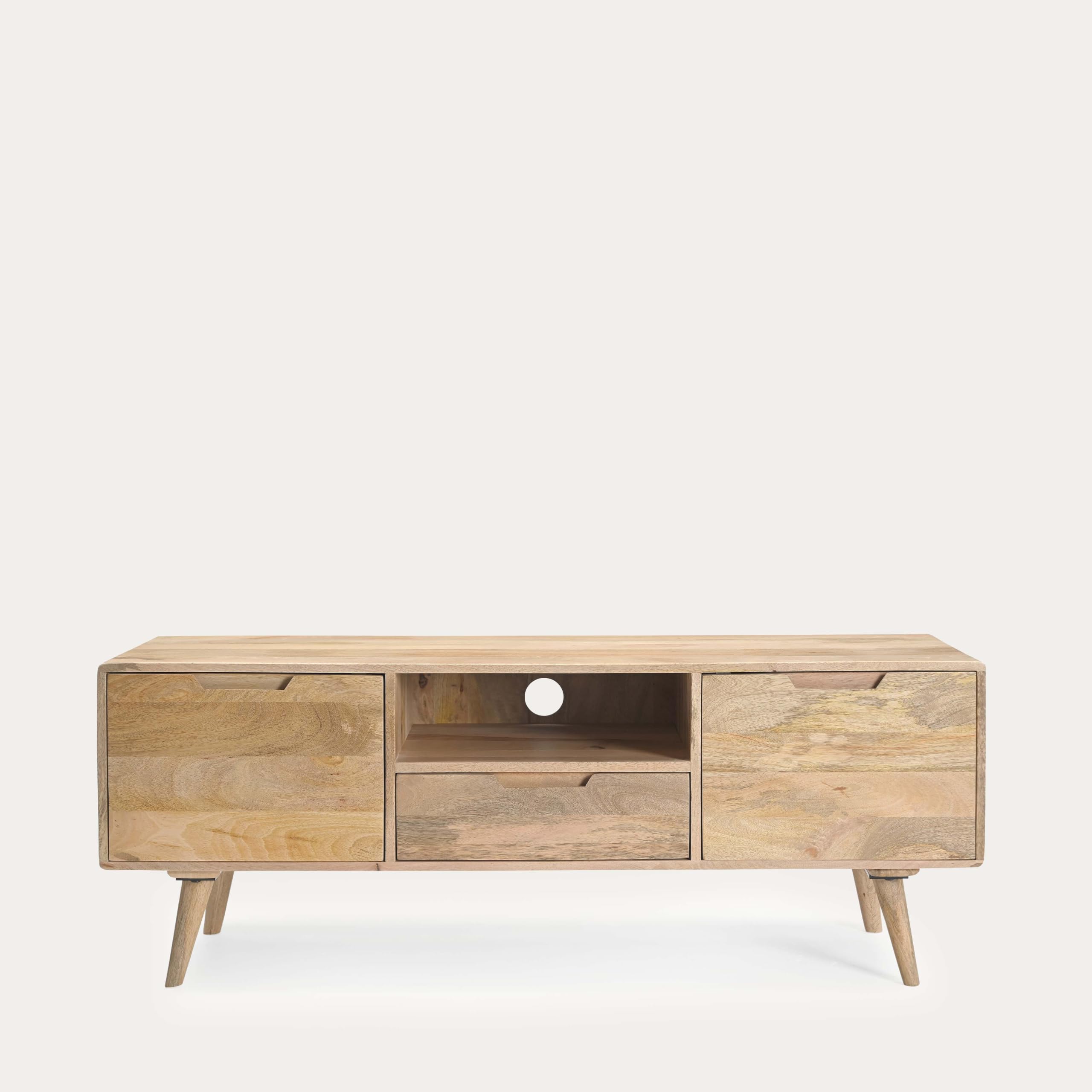 Vishnu Craft Solid Mango Wood TV Unit with Open Shelf and Drawer | Mid-Century Design, 2 Side Cabinets, Angled Wooden Legs, Natural Wood Finish, Living Room Storage-image-11
