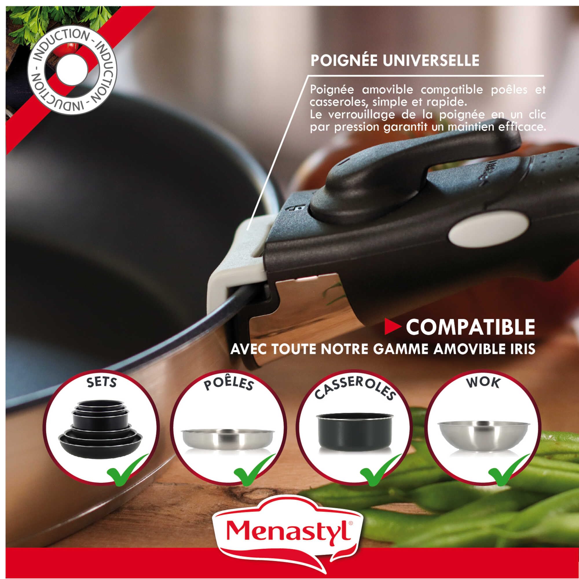 MENASTYL - Batterie de cuisine amovible 6 pièces en inox IRIS - 3 poêles + 2 casseroles + poignée amovible sécuritaire - Tous feux dont induction - Acier inoxydable - Sans PFOA/Sans BPA - 7930018
