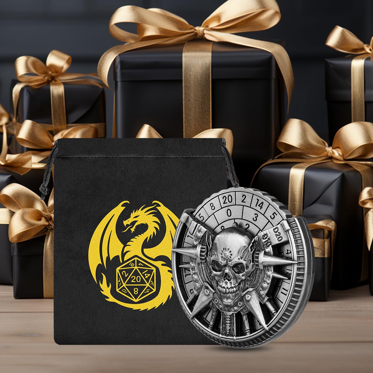 Teschio Roulette Dadi Spinner, 7-in-1 Metallico Spinner Dadi DND, Teschio Fidget Spinners, Regali di D&D con Sacchetto Regalo Logo Drago, Giochi di Ruolo, Accessori per Giochi da Tavolo, Argento Scuro