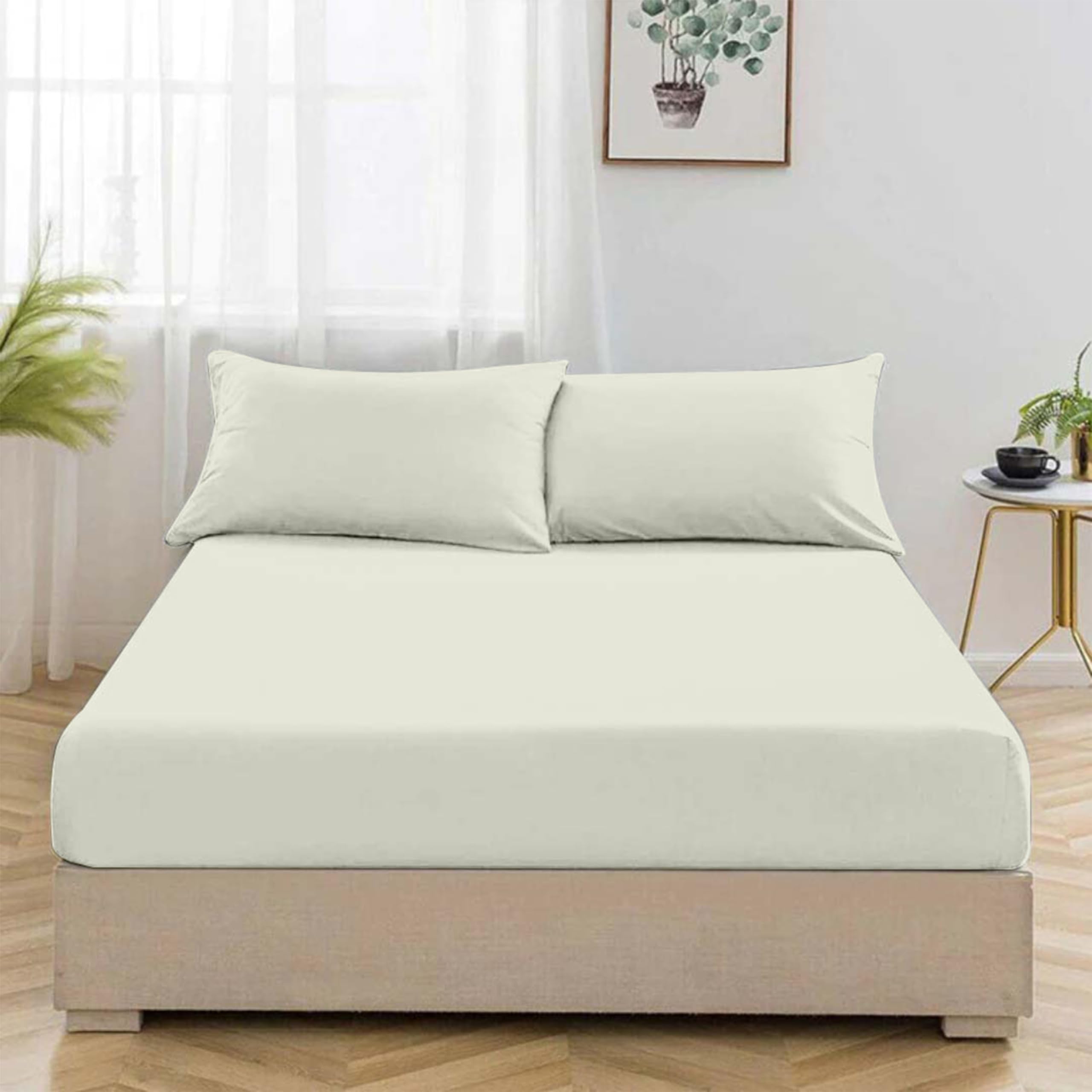 EGYPTO Percale King Size Fitted Sheet - 40-CM Extra Deep Fitted Sheets with All-Around Elastic - Breathable, Wrinkle Resistant, Anti-Allergy Bed Sheet (King Bed Fitted Sheets, Cream)