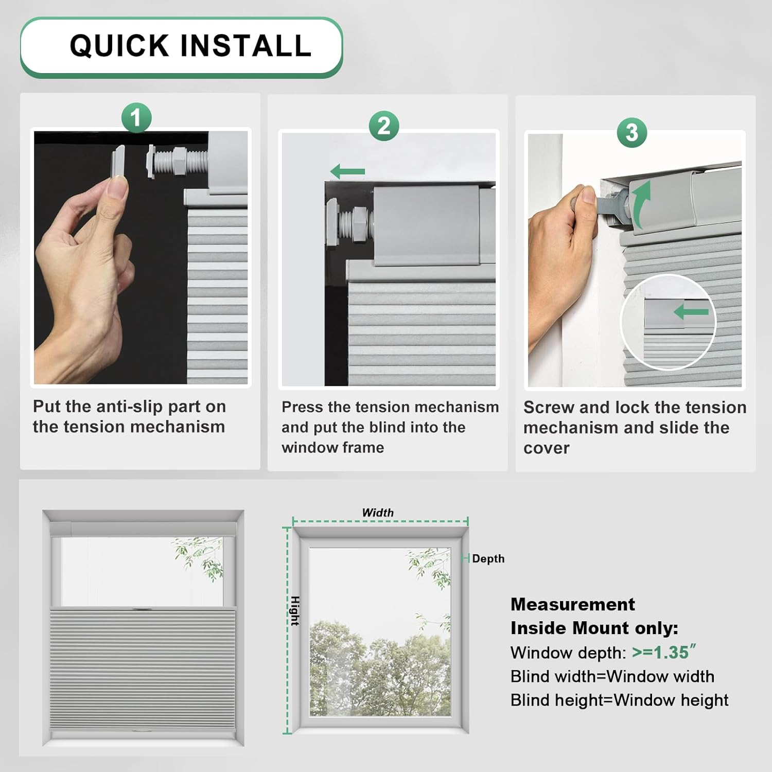 No Tools No Drill Top Down Bottom Up Cellular Shades for Windows, 1" Blackout Fabric, Cordless Honeycomb Blinds for Indoor Window, Thermal Insulated Noise Reduction, Custom Size, Grey