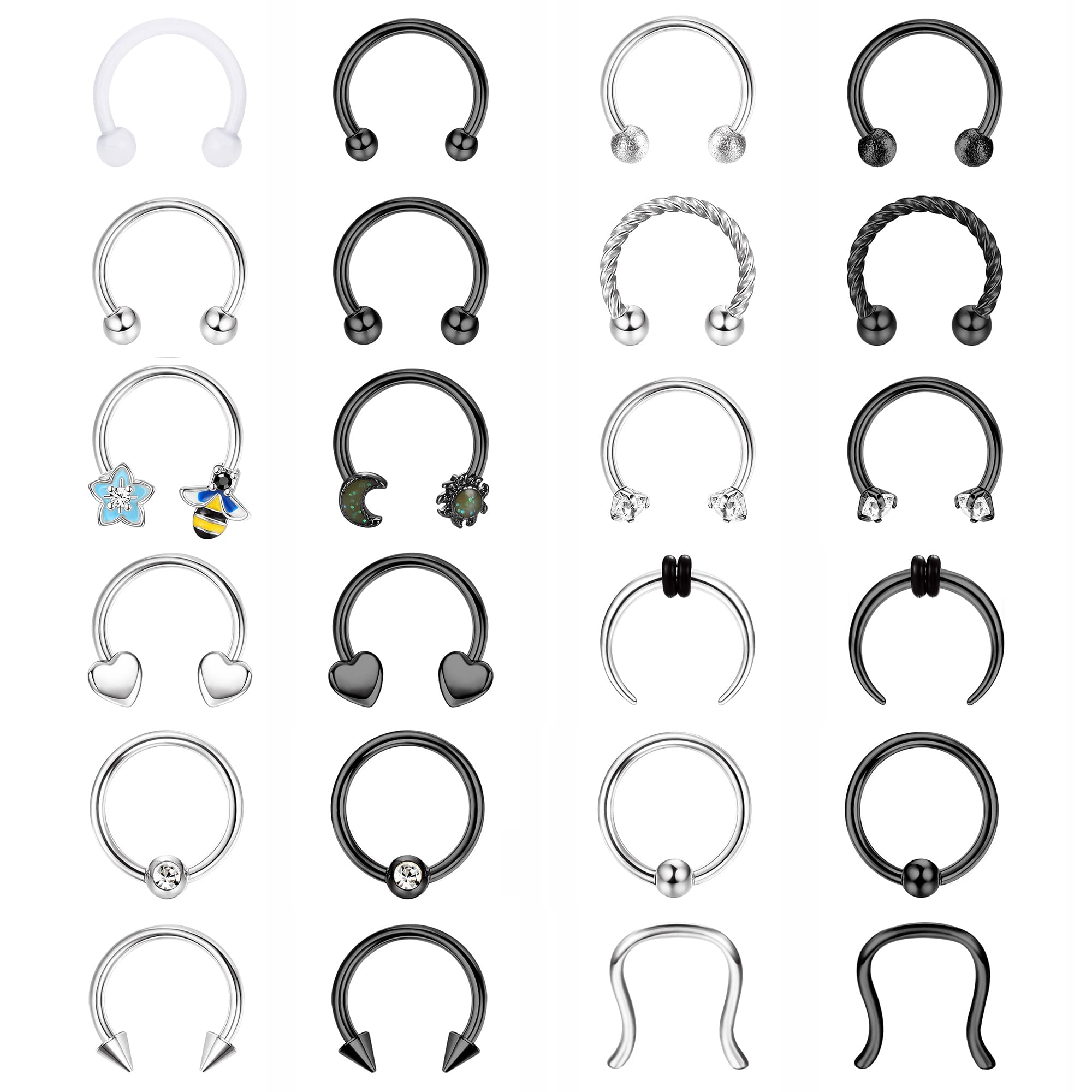 FIOROYAL24Pcs Nariz de Piercing Septum Acero Quirúrgico Herradura 16G para Mujeres Hombres Cartílago Helix Daith Tragus Rook Pendientes Ceja Labio Piercing Nariz Anillos Aro Negro Plata 10mm