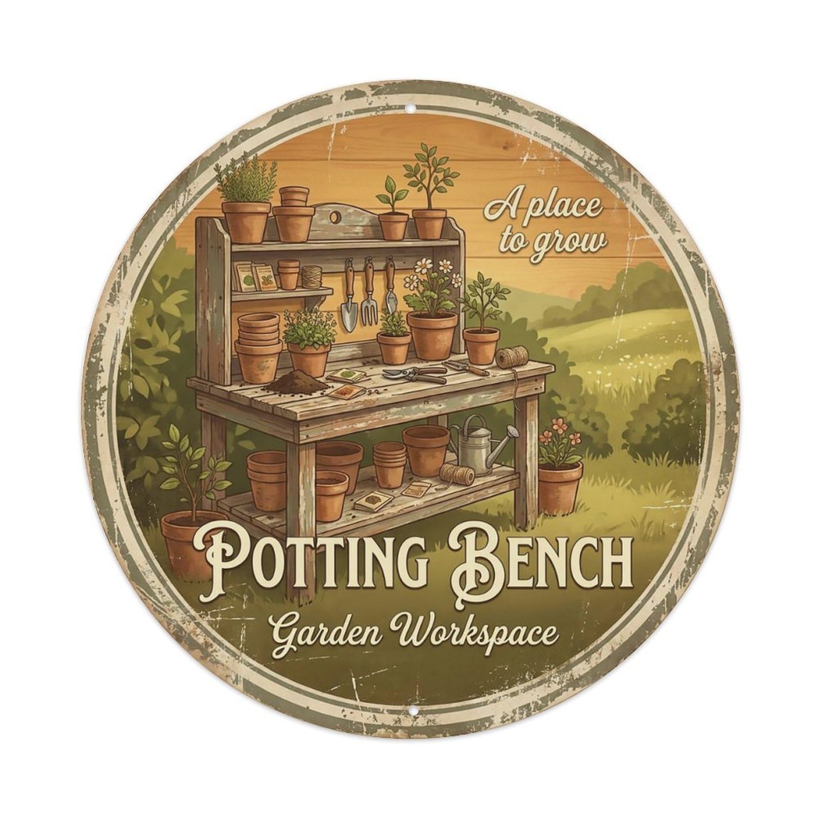 Cxhjca 8X8inch(20X20cm) Vintage Cottagecore Garden Potting Bench Workspace Metal Tin Sign