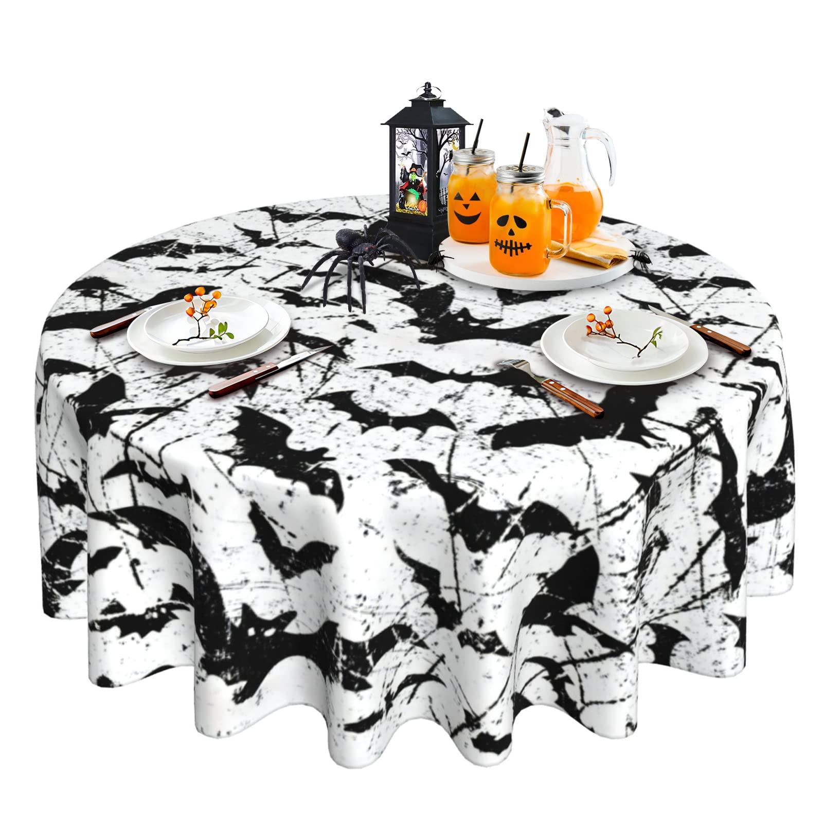 Halloween Tablecloth Black Vintage Bat Tablecloth Washable Reusable Round Tablecloth 60 Inch for Halloween Party Dinner Kitchen Dining Table Decor