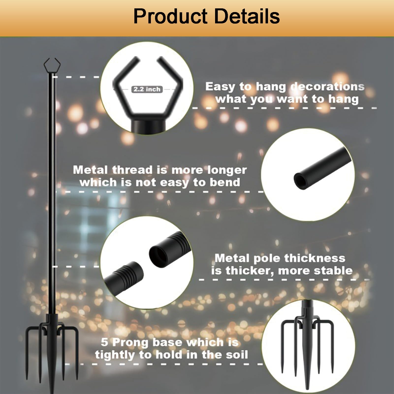 Confezione da 4 pali luminosi a corda, 3 m, in metallo con forcella, per luci esterne, resistenti alle intemperie, per feste, cortile, esterni, patio, giardino, terrazza, matrimoni (confezione da 4)